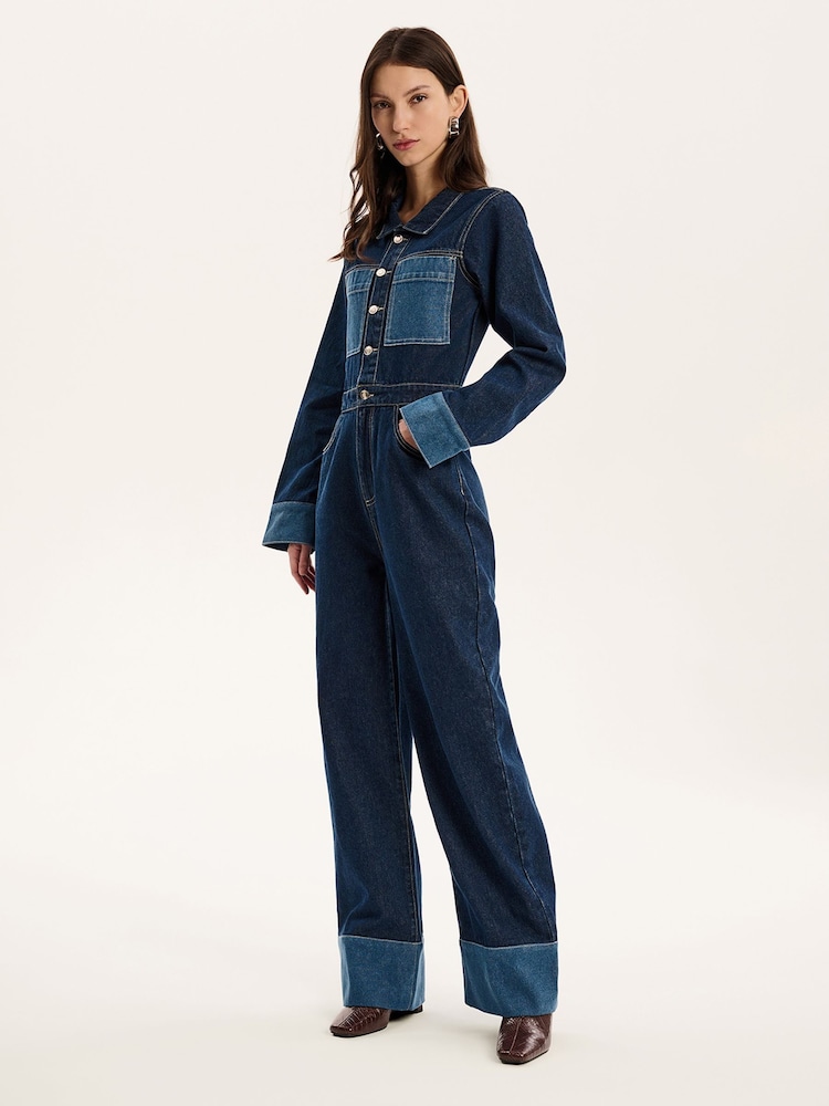 Omnes Blue Diya Contrast Denim 100% Cotton Jumpsuit - Image 2 of 5