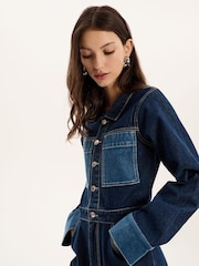 Omnes Blue Diya Contrast Denim 100% Cotton Jumpsuit - Image 4 of 5