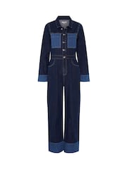 Omnes Blue Diya Contrast Denim 100% Cotton Jumpsuit - Image 5 of 5