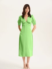 Omnes Green Odette Puff Sleeve Midi V-Neck Dress - Image 1 of 5
