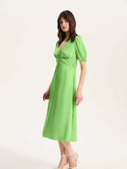 Omnes Green Odette Puff Sleeve Midi V-Neck Dress - Image 2 of 5