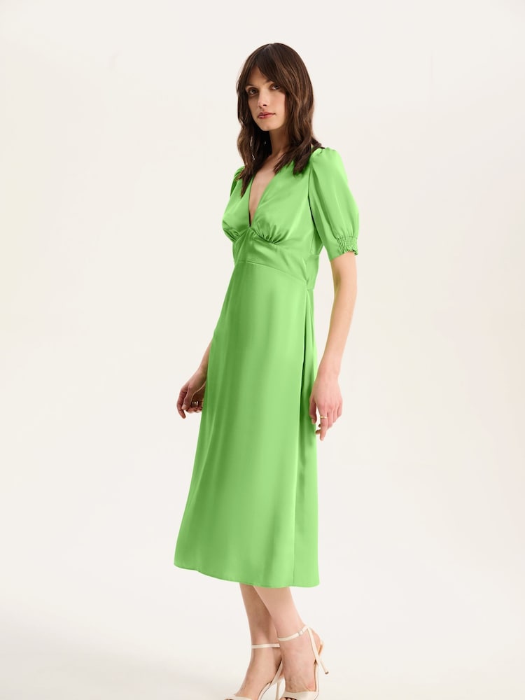 Omnes Green Odette Puff Sleeve Midi V-Neck Dress - Image 2 of 5