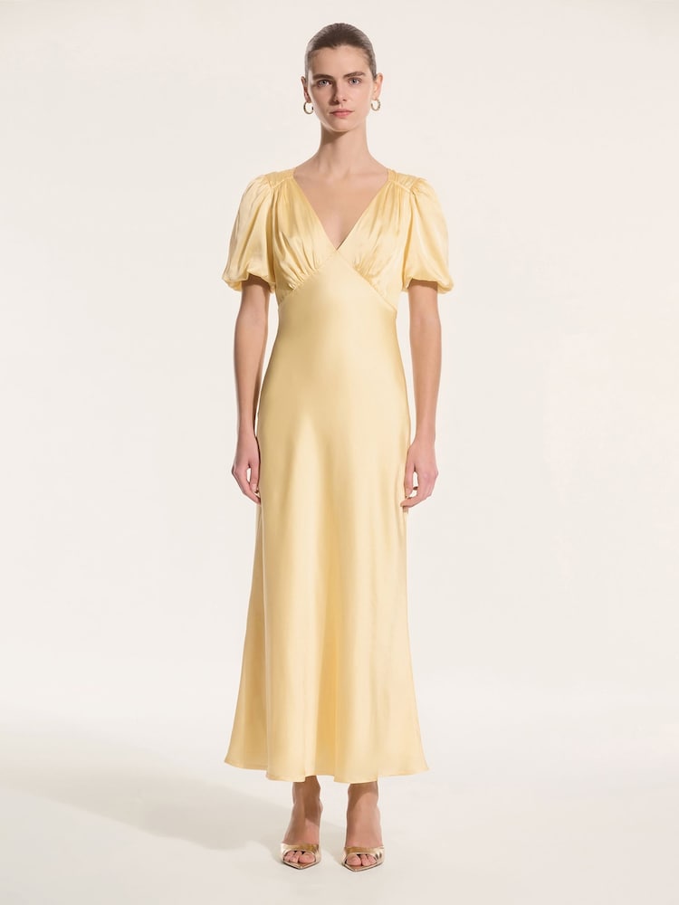 Omnes Yellow Rosie Ruched Puff Sleeve Dress - Image 1 of 5