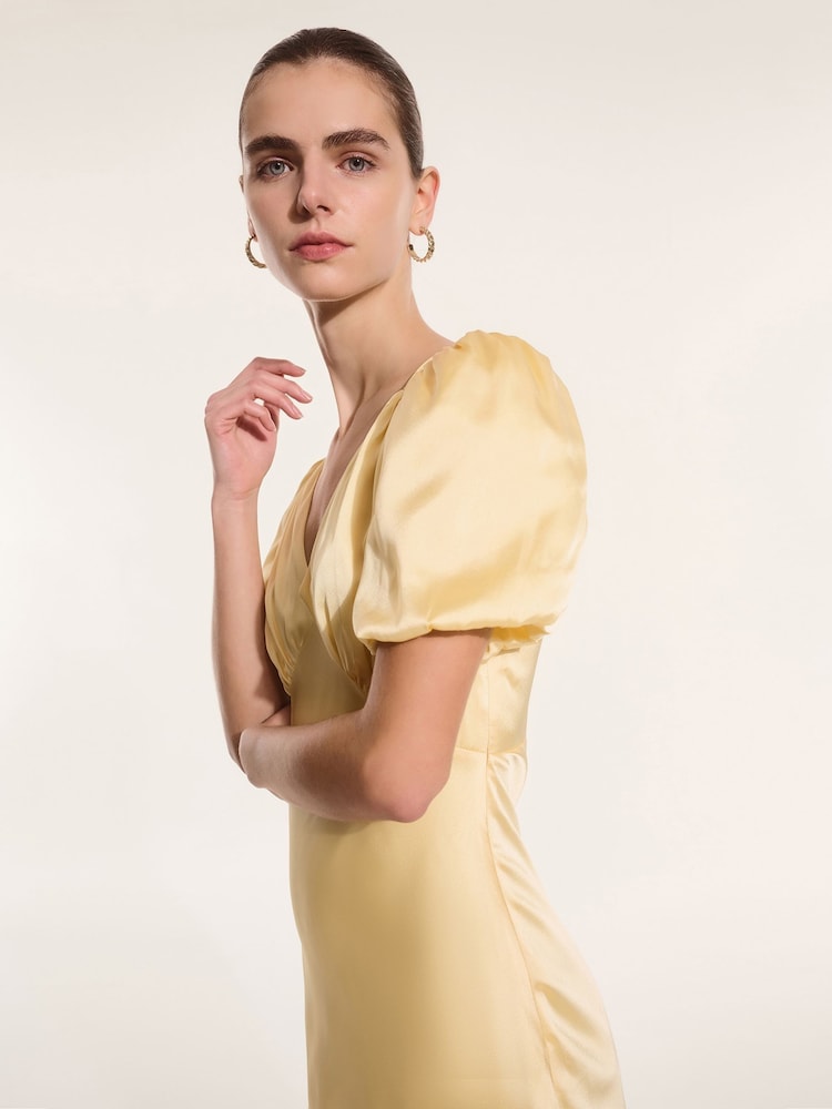 Omnes Yellow Rosie Ruched Puff Sleeve Dress - Image 4 of 5