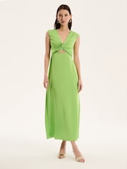 Omnes Green Marin V-Neck Front Twist Satin Midi Dress - Image 1 of 5