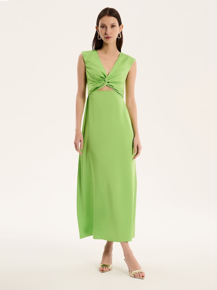 Omnes Green Marin V-Neck Front Twist Satin Midi Dress - Image 1 of 5