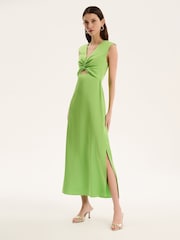 Omnes Green Marin V-Neck Front Twist Satin Midi Dress - Image 2 of 5