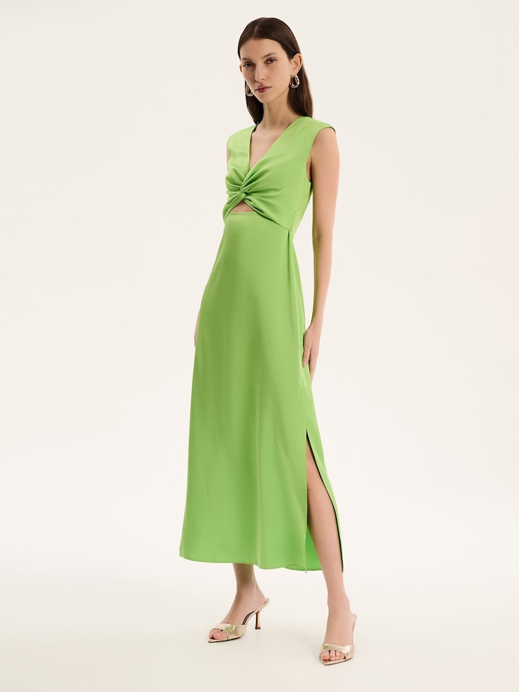 Omnes Green Marin V-Neck Front Twist Satin Midi Dress - Image 2 of 5