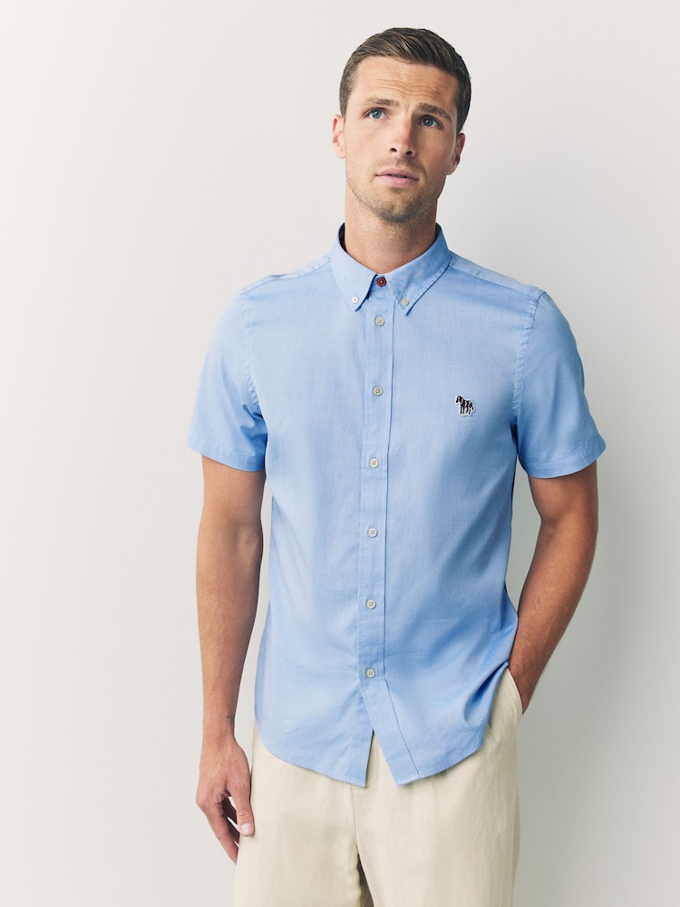 PS Paul Smith Tailored Fit Blue Short Sleeve Logo Shirt - Image 1 of 6 PS Paul Smith Tailored Fit Blue Short Sleeve Logo Shirt - Image 1 of 6