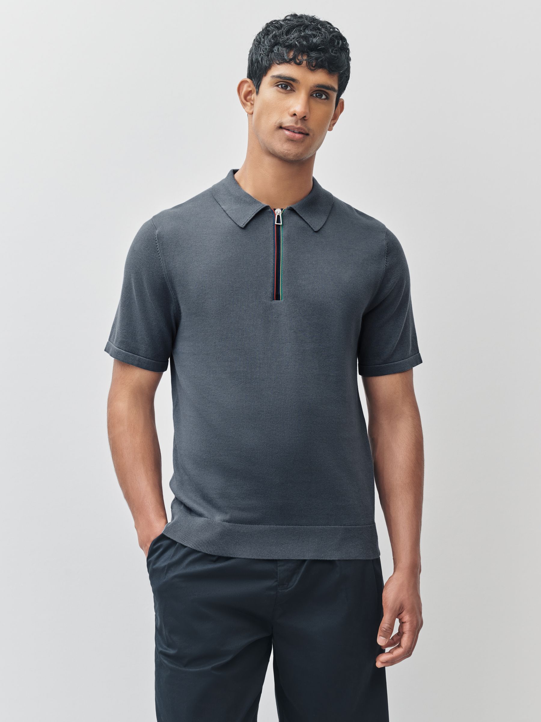 Buy PS Paul Smith Grey Knitted Quarter Zip Polo Shirt from the