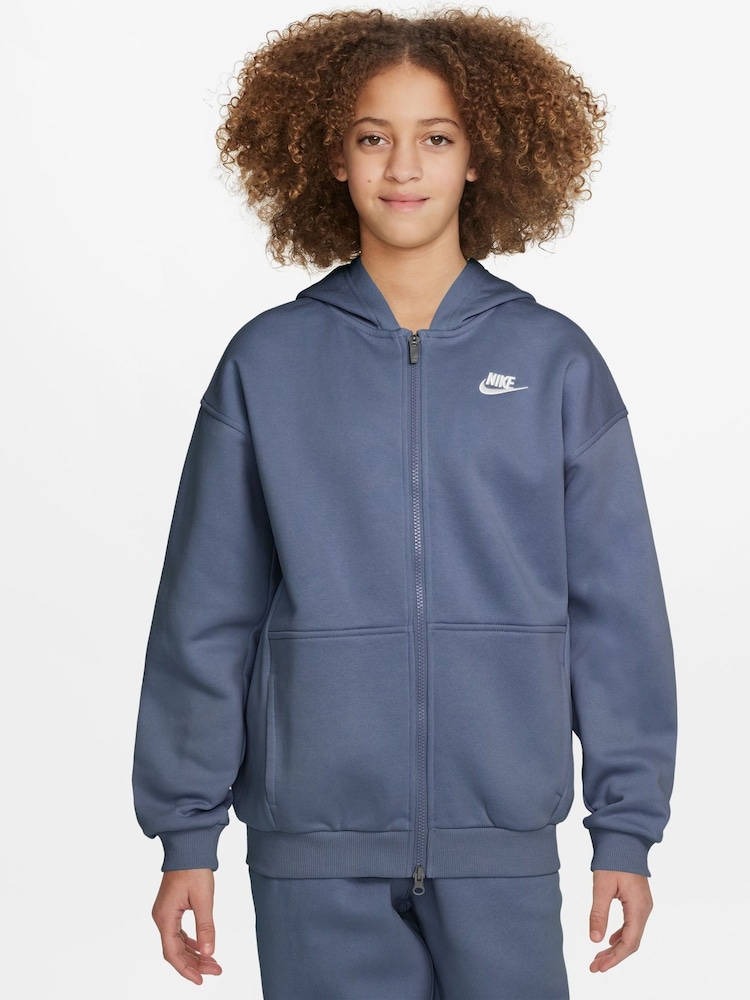 Nike World Indigo Blue Oversized College Club Fleece Zip-Up Hoodie - Image 1 of 3 Nike World Indigo Blue Oversized College Club Fleece Zip-Up Hoodie - Image 1 of 3