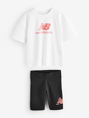 New Balance White Kids Stacked Logo 100% Cotton T-Shirt & Cycle Shorts Set - Image 1 of 1