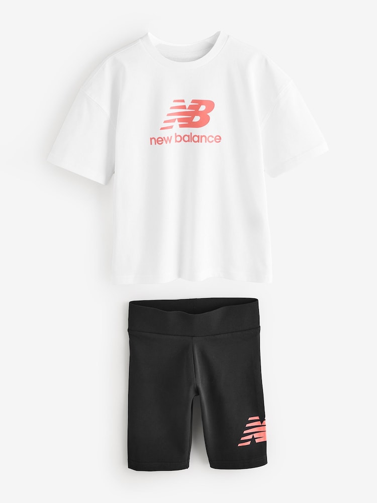 New Balance White Kids Stacked Logo 100% Cotton T-Shirt & Cycle Shorts Set - Image 1 of 1