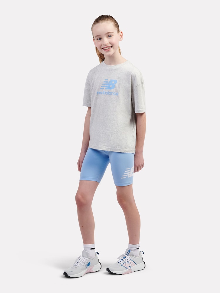 New Balance Grey Kids Stacked Logo 100% Cotton T-Shirt & Cycle Shorts Set - Image 1 of 9