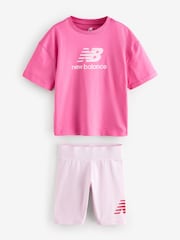 New Balance Pink Kids Stacked Logo 100% Cotton T-Shirt & Cycle Shorts Set - Image 1 of 1