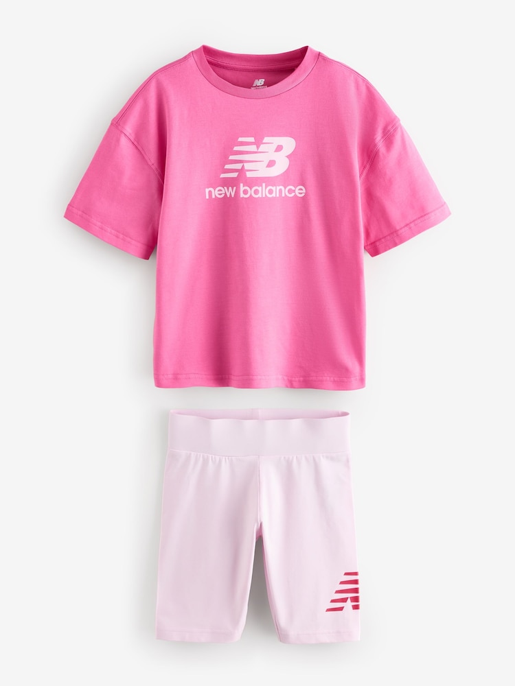 New Balance Pink Kids Stacked Logo 100% Cotton T-Shirt & Cycle Shorts Set - Image 1 of 1