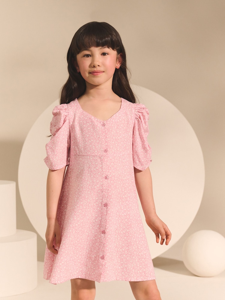 Pink Ditsy Shirred Sleeve Dress (3-16yrs) - Image 1 of 8