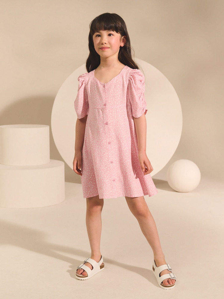Pink Ditsy Shirred Sleeve Dress (3-16yrs) - Image 2 of 8