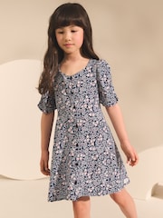 Navy Blue Ditsy Shirred Sleeve Dress (3-16yrs) - Image 1 of 8