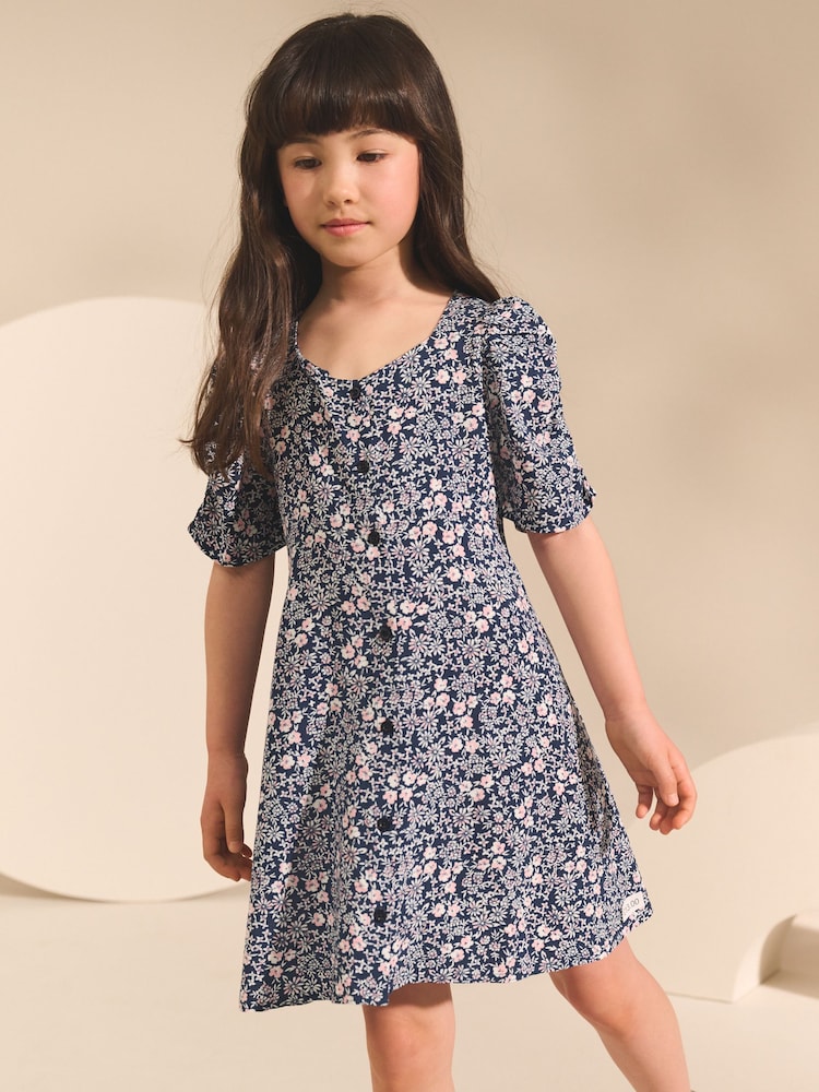 Navy Blue Ditsy Shirred Sleeve Dress (3-16yrs) - Image 1 of 8