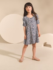 Navy Blue Ditsy Shirred Sleeve Dress (3-16yrs) - Image 2 of 8
