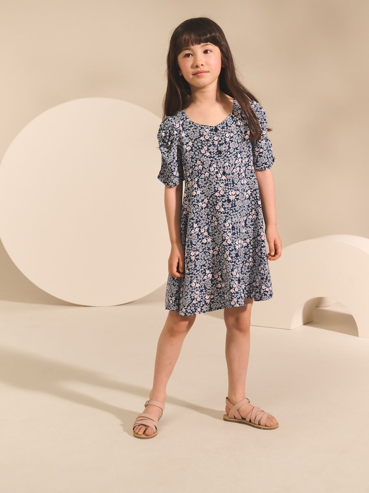 Navy Blue Ditsy Shirred Sleeve Dress (3-16yrs) - Image 2 of 8
