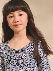 Navy Blue Ditsy Shirred Sleeve Dress (3-16yrs) - Image 3 of 8