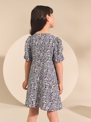 Navy Blue Ditsy Shirred Sleeve Dress (3-16yrs) - Image 4 of 8