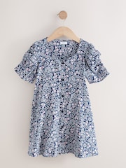 Navy Blue Ditsy Shirred Sleeve Dress (3-16yrs) - Image 5 of 8