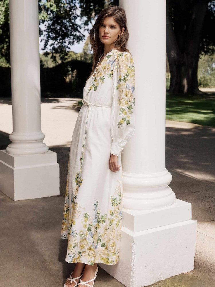Forever New White Primrose Trim Detail Midi Dress with a Touch Of Linen - Image 1 of 4
