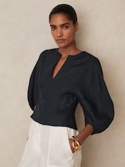 Reiss Navy Remi Linen Balloon-Sleeve Top - Image 1 of 6