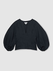 Reiss Navy Remi Linen Balloon-Sleeve Top - Image 2 of 6