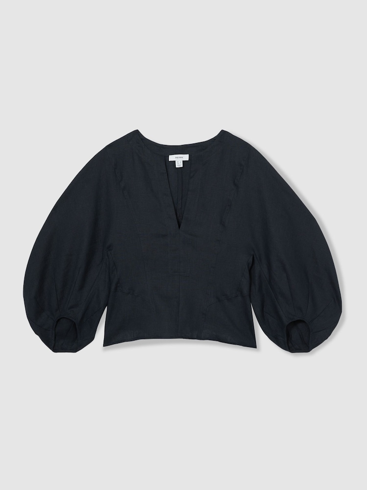Reiss Navy Remi Linen Balloon-Sleeve Top - Image 2 of 6