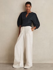 Reiss Navy Remi Linen Balloon-Sleeve Top - Image 3 of 6