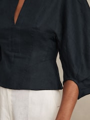 Reiss Navy Remi Linen Balloon-Sleeve Top - Image 4 of 6
