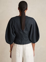Reiss Navy Remi Linen Balloon-Sleeve Top - Image 5 of 6