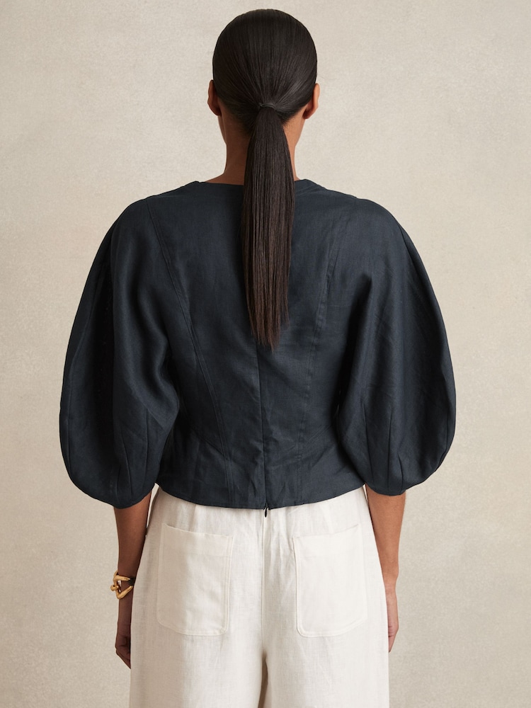 Reiss Navy Remi Linen Balloon-Sleeve Top - Image 5 of 6
