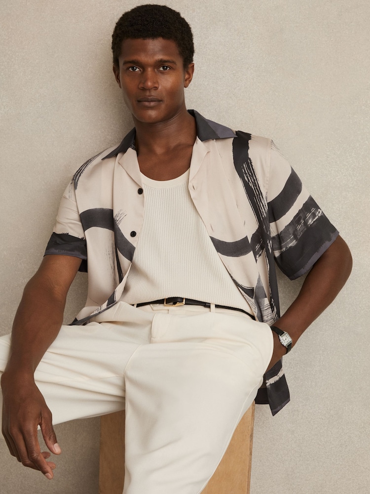 Reiss Charcoal Grey/Off White Zephr Brushstroke-Print Cuban-Collar Shirt - Image 1 of 7