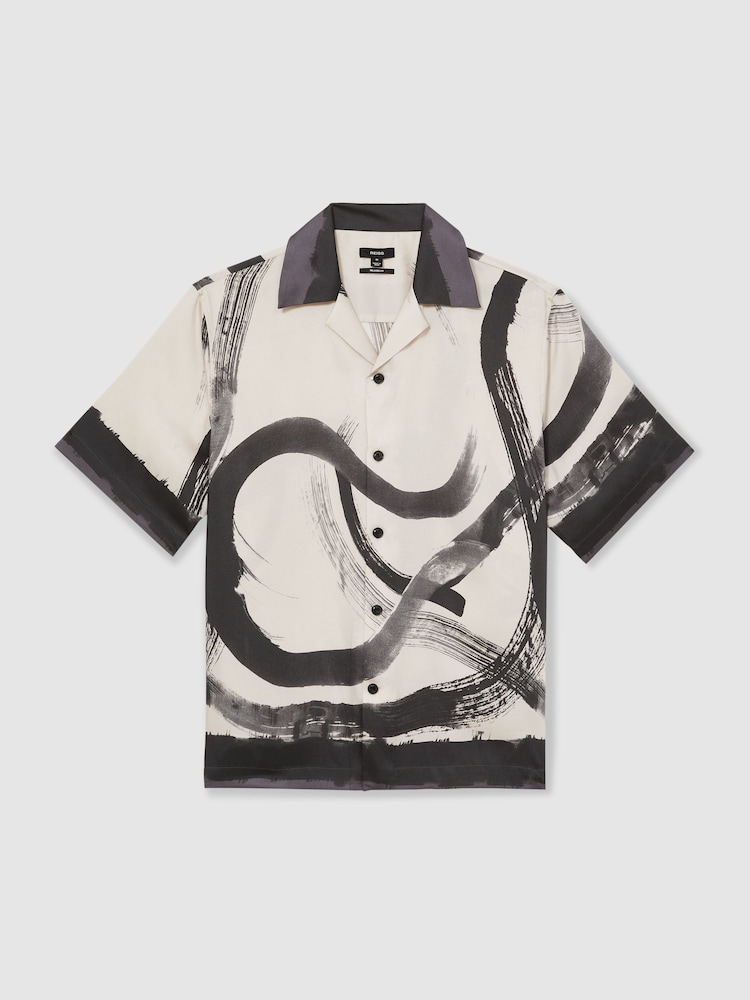 Reiss Charcoal Grey/Off White Zephr Brushstroke-Print Cuban-Collar Shirt - Image 2 of 7