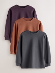 Charcoal/Berry/Tan Relaxed Fit Long Sleeve Heavyweight T-Shirts 3 Pack (3-16yrs) - Image 1 of 7