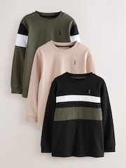 Black/Khaki/Stone Long Sleeve Colourblock T-Shirts 3 Pack (3-16yrs) - Image 1 of 8