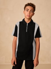 Black/Grey Zip Neck Textured Colourblock Polo Shirt (3-16yrs) - Image 1 of 8