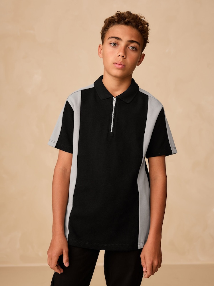 Black/Grey Zip Neck Textured Colourblock Polo Shirt (3-16yrs) - Image 1 of 8