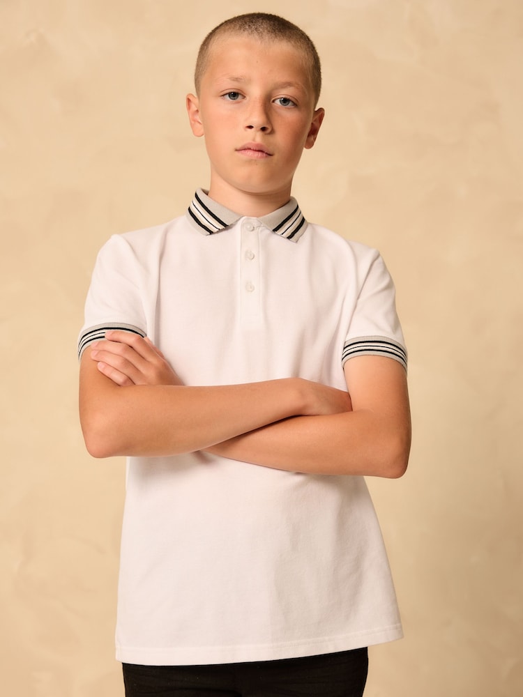 White Stripe Tipped Collar Short Sleeve Polo Shirt (3-16yrs) - Image 1 of 8