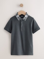 Charcoal Grey Check Collar Short Sleeve Polo Shirt (3-16yrs) - Image 1 of 4