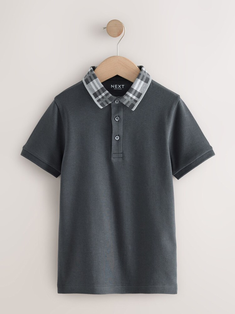Charcoal Grey Check Collar Short Sleeve Polo Shirt (3-16yrs) - Image 1 of 4