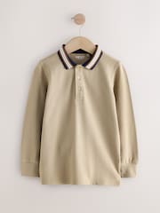 Stone Stripe Tipped Collar Long Sleeve Polo Shirt (3-16yrs) - Image 1 of 4