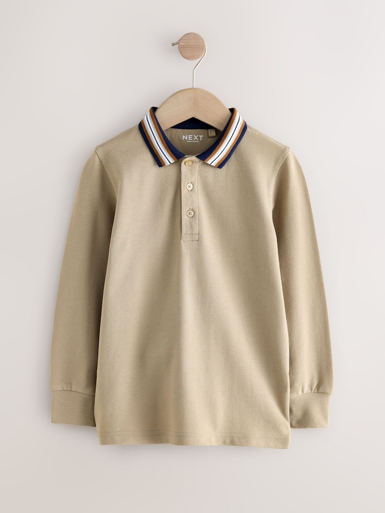 Stone Stripe Tipped Collar Long Sleeve Polo Shirt (3-16yrs) - Image 1 of 4