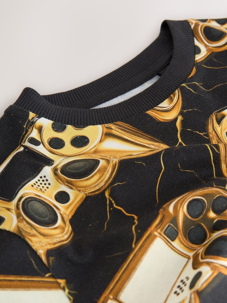 Black/Gold Controller Regular Fit Short Sleeve All-Over Print T-Shirt (3-16yrs) - Image 1 of 4