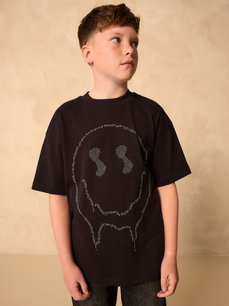 Black Stud Smile Relaxed Fit Short Sleeve Graphic Print T-Shirt (3-16yrs) - Image 1 of 7
